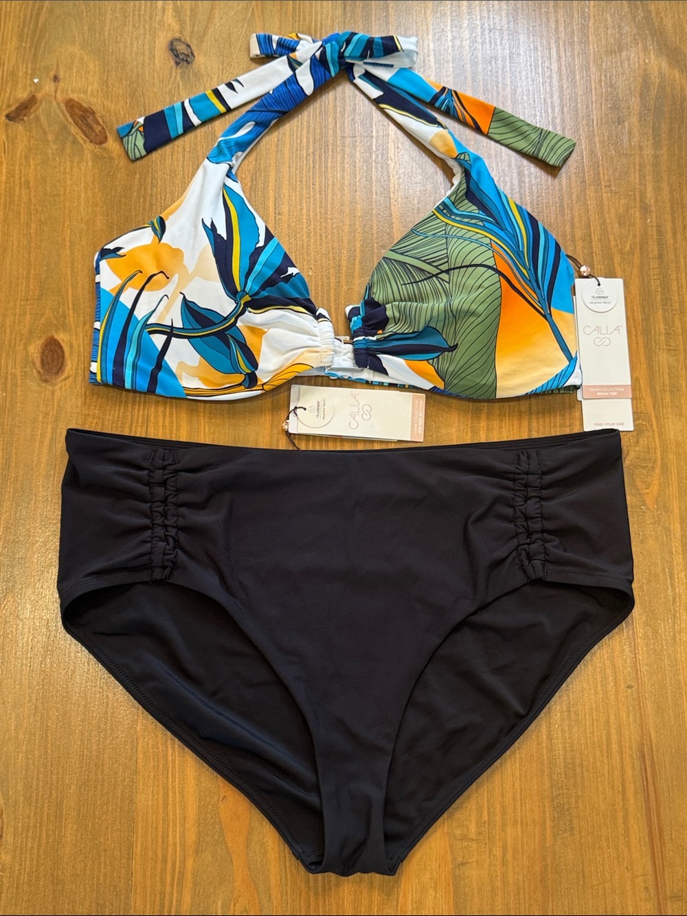 CALIA U-Bar Halter & Tie Front Mid-Rise Bikini Set Botanical Print White & Black